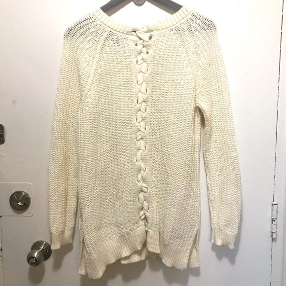 Aerie white sweater with lace up back size Medium - Picture 2 of 9